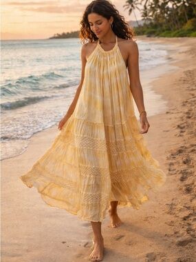 Jen’s Pirate Booty Yellow Tie Dye Cotton Waimea Boho Maxi Dress Size S